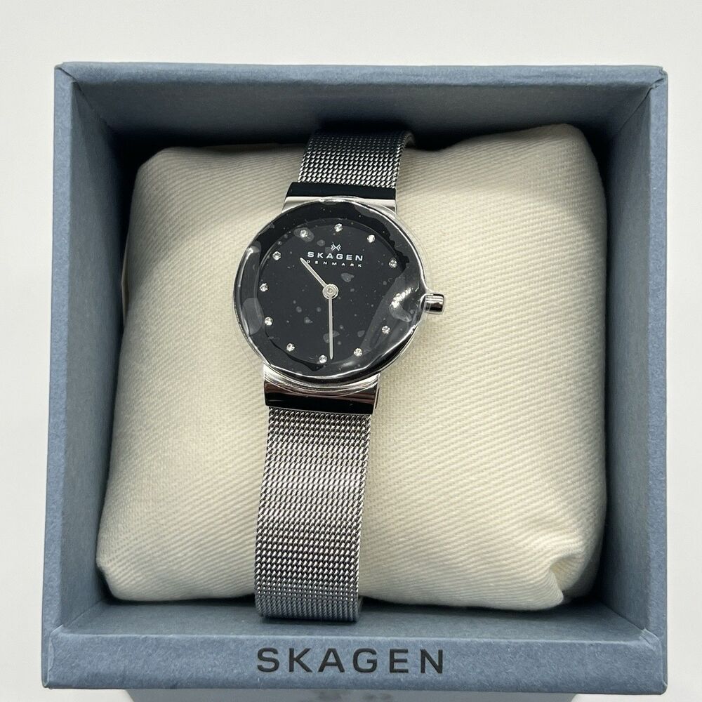 Skagen Womens Quartz Watch 107SSSBD Stainless Steel Mesh Band Black Dial Crystal